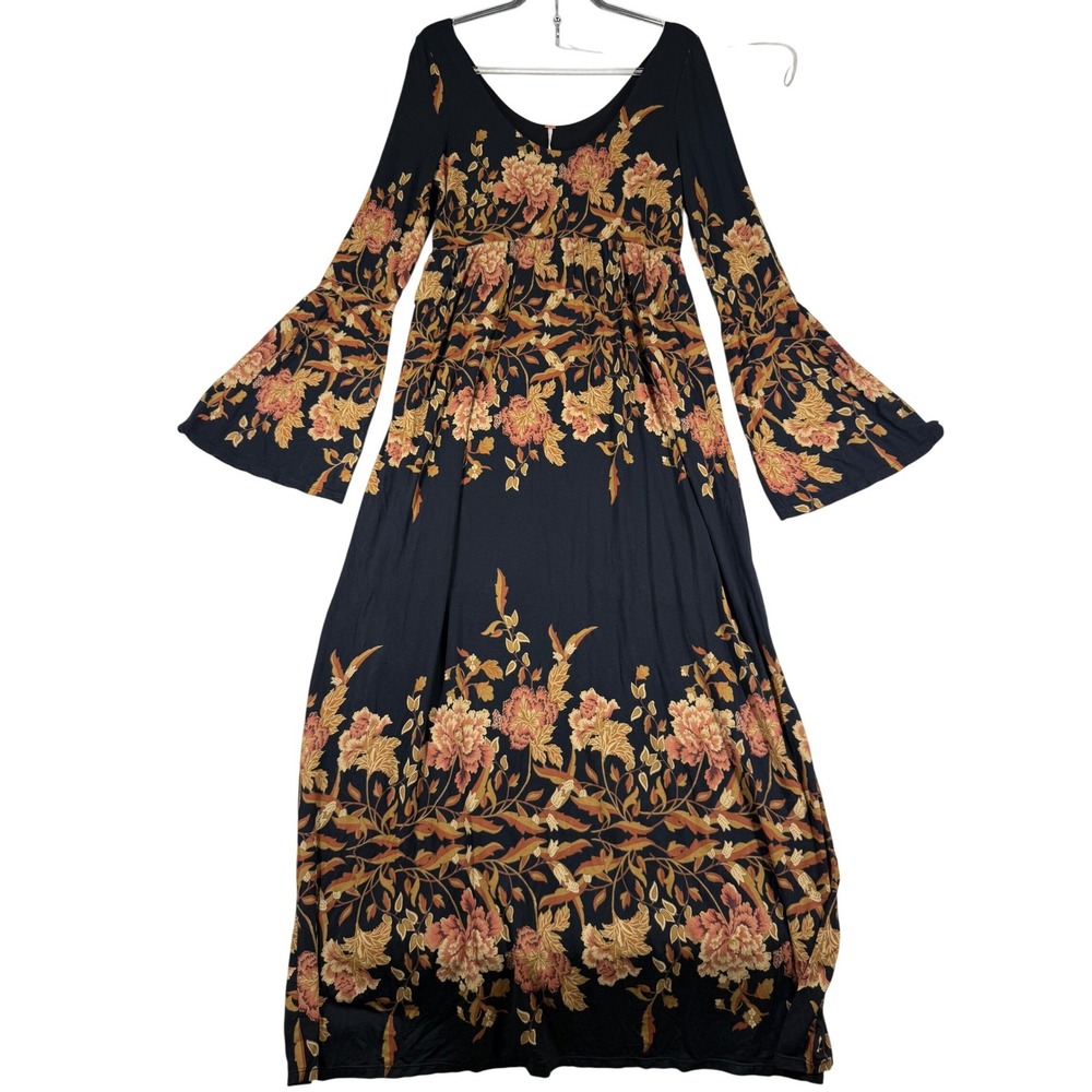Free People Black Comb Floral‎ Bell Sleeve Maxi Dress OB553492 Size L NEW